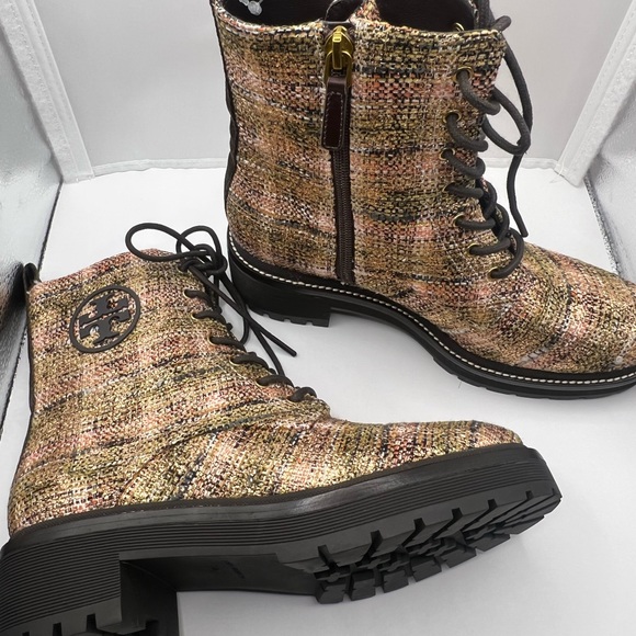 TORY BURCH MILLER 50MM LUG SOLE BOOT ROSEGOLD METALLIC TWEED BROWN LOGO - Picture 10 of 12